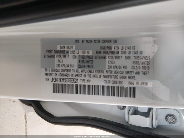 Продаж на аукціоні авто 2025 Mazda Cx-5 2.5 S Preferred, vin: JM3KFBCM5S0763921, номер лоту: 45150907