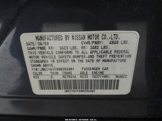 Продаж на аукціоні авто 2009 Infiniti G37x, vin: JNKCV61F99M354981, номер лоту: 45150912
