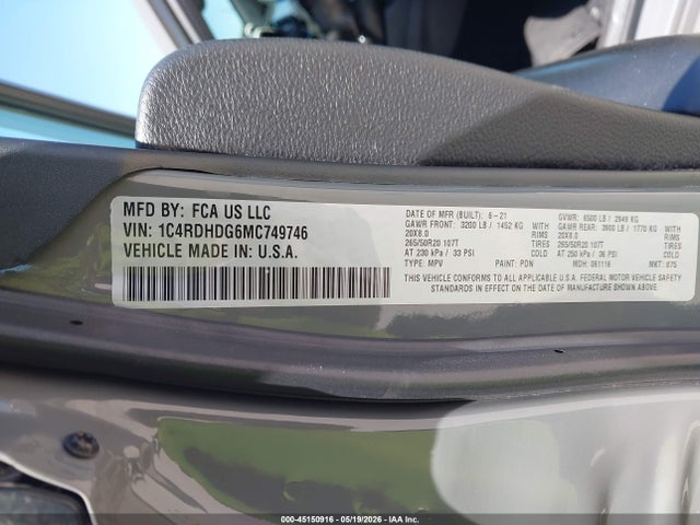 45150916 :رقم المزاد ، 1C4RDHDG6MC749746 vin ، 2021 Dodge Durango Gt Plus Rwd مزاد بيع