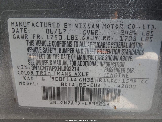 Aukcja sprzedaży 2017 Nissan Versa 1.6 Sv, vin: 3N1CN7APXHL892214, numer aukcji: 45150917