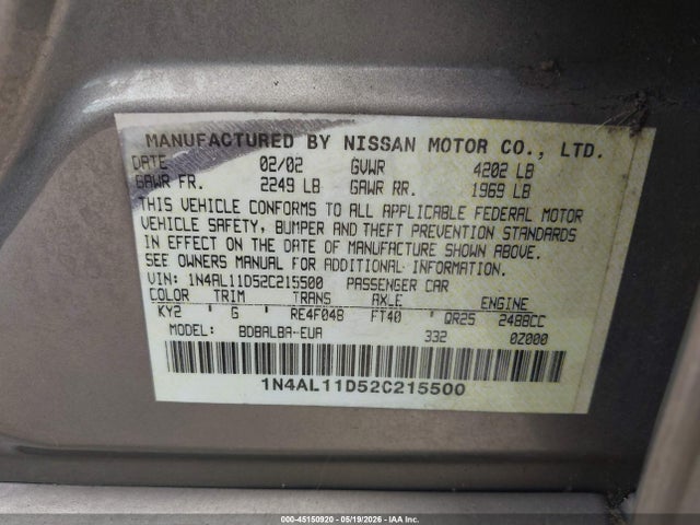 Продаж на аукціоні авто 2002 Nissan Altima 2.5 Sl, vin: 1N4AL11D52C215500, номер лоту: 45150920