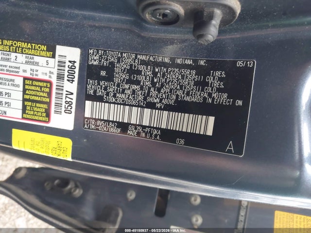 Auction sale of the 2013 Toyota Sienna Xle 7 Passenger, vin: 5TDDK3DC7DS065142, lot number: 45150937