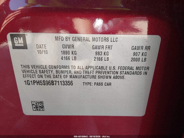 2011 Chevrolet Cruze Ltz მანქანა იყიდება აუქციონზე, vin: 1G1PH5S96B7113356, აუქციონის ნომერი: 45150943