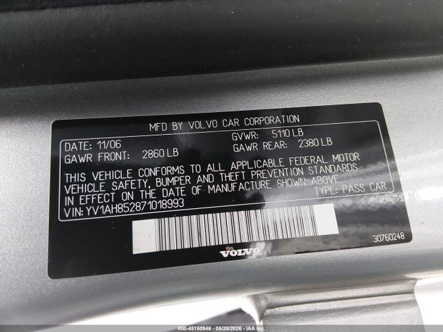45150946 :رقم المزاد ، YV1AH852871018993 vin ، 2007 Volvo S80 V8 مزاد بيع