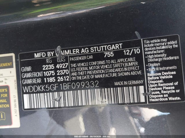 45150949 :رقم المزاد ، WDDKK5GF1BF099332 vin ، 2011 Mercedes-benz E 350 مزاد بيع