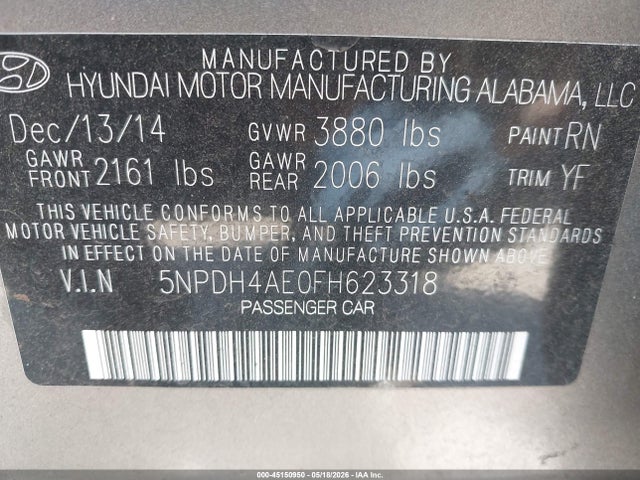 Aukcja sprzedaży 2015 Hyundai Elantra Se, vin: 5NPDH4AE0FH623318, numer aukcji: 45150950