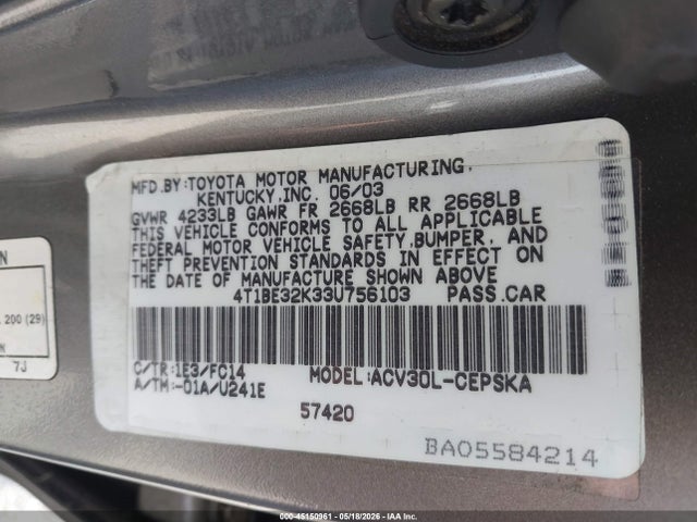 2003 Toyota Camry Se მანქანა იყიდება აუქციონზე, vin: 4T1BE32K33U756103, აუქციონის ნომერი: 45150961