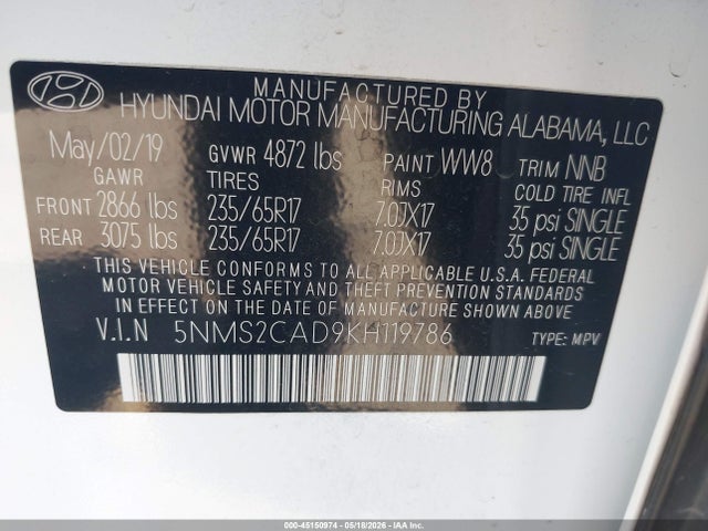 2019 Hyundai Santa Fe Se მანქანა იყიდება აუქციონზე, vin: 5NMS2CAD9KH119786, აუქციონის ნომერი: 45150974