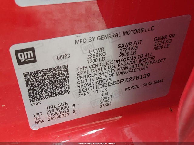 45150983 :رقم المزاد ، 1GCUDEE85PZ278139 vin ، 2023 Chevrolet Silverado 1500 4wd  Short Bed Rst مزاد بيع
