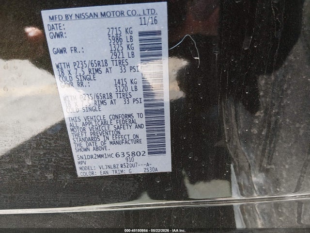Nissan Pathfinder S 2017 5N1DR2MM1HC635802 Image 9