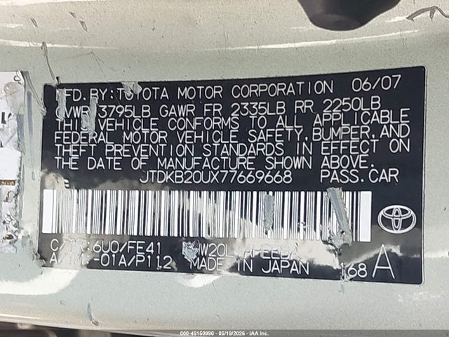 45150990 :رقم المزاد ، JTDKB20UX77669668 vin ، 2007 Toyota Prius مزاد بيع