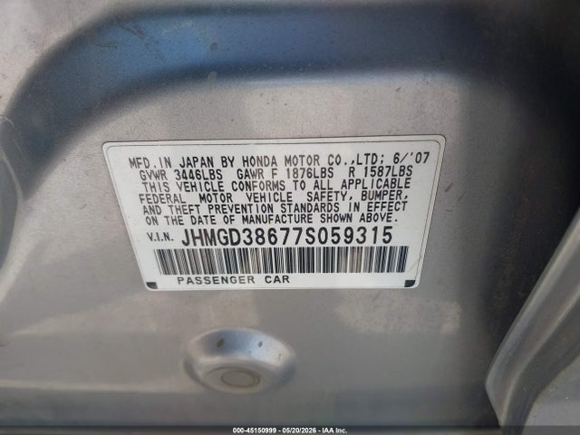 45150999 :رقم المزاد ، JHMGD38677S059315 vin ، 2007 Honda Fit Sport مزاد بيع