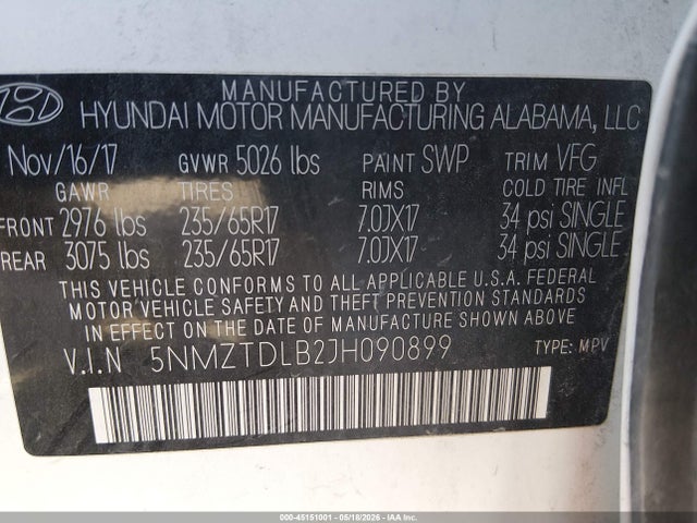 45151001 :رقم المزاد ، 5NMZTDLB2JH090899 vin ، 2018 Hyundai Santa Fe Sport 2.4l مزاد بيع