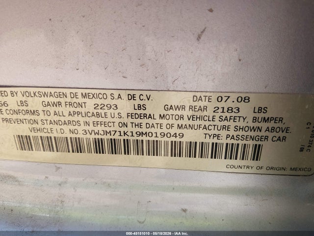 Продаж на аукціоні авто 2009 Volkswagen Jetta S, vin: 3VWJM71K19M019049, номер лоту: 45151010