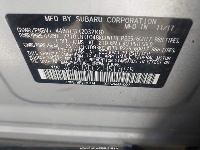 2018 Subaru Forester 2.5i Premium მანქანა იყიდება აუქციონზე, vin: JF2SJAEC2JH517075, აუქციონის ნომერი: 45151011