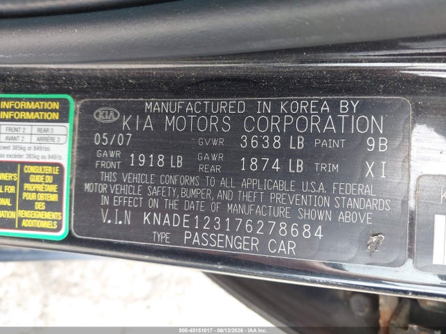 Aukcja sprzedaży 2007 Kia Rio Lx, vin: KNADE123176278684, numer aukcji: 45151017