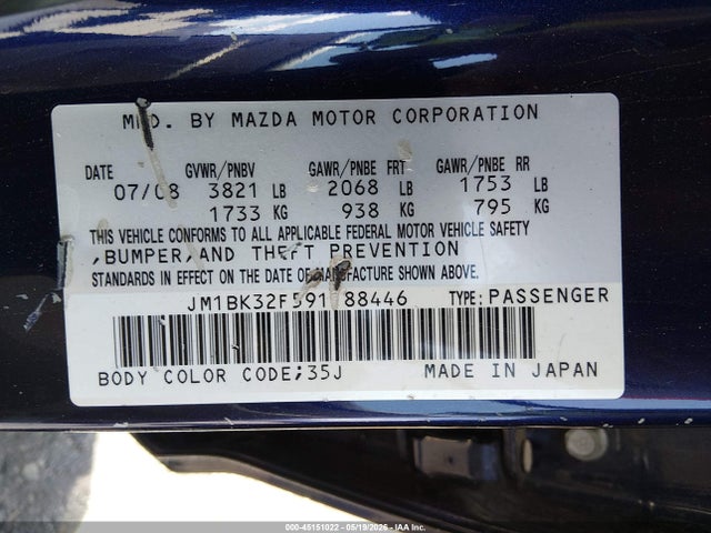 Aukcja sprzedaży 2009 Mazda Mazda3 I, vin: JM1BK32F591188446, numer aukcji: 45151022