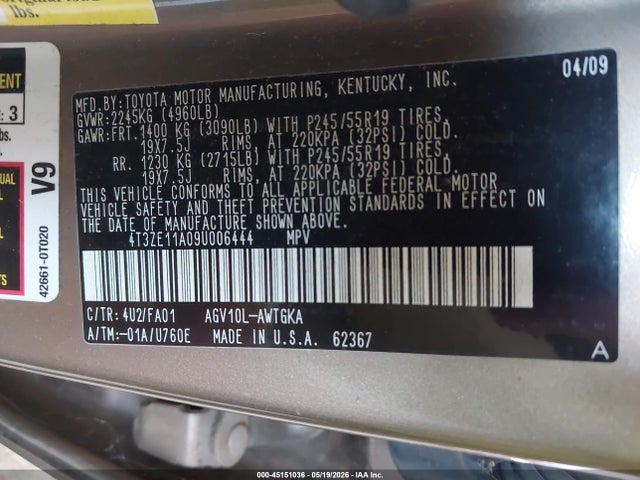 Aukcja sprzedaży 2009 Toyota Venza, vin: 4T3ZE11A09U006444, numer aukcji: 45151036