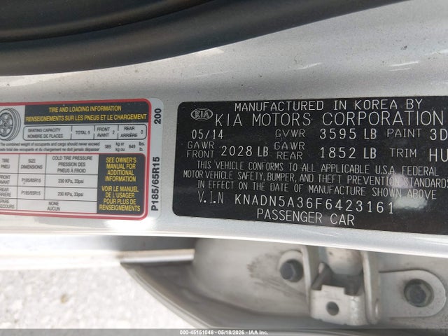 Aukcja sprzedaży 2015 Kia Rio Ex, vin: KNADN5A36F6423161, numer aukcji: 45151046