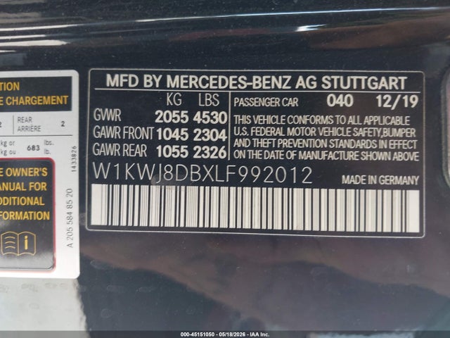 Aukcja sprzedaży 2020 Mercedes-benz C 300, vin: W1KWJ8DBXLF992012, numer aukcji: 45151050