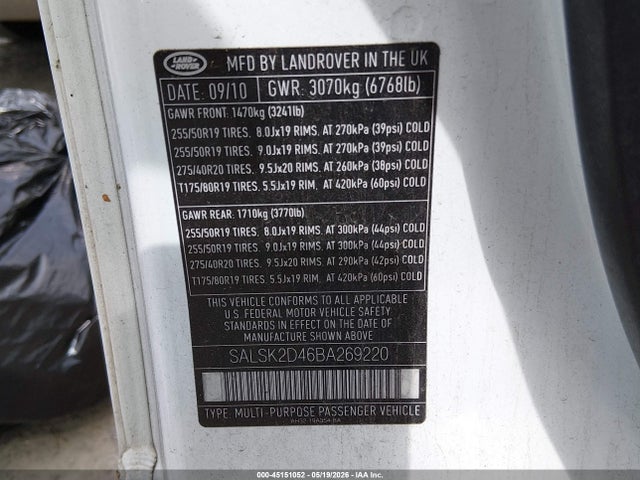 2011 Land Rover Range Rover Sport Hse მანქანა იყიდება აუქციონზე, vin: SALSK2D46BA269220, აუქციონის ნომერი: 45151052