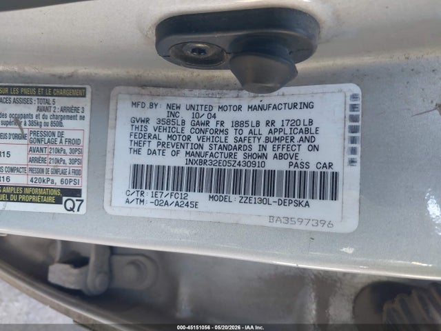 2005 Toyota Corolla S მანქანა იყიდება აუქციონზე, vin: 1NXBR32E05Z430910, აუქციონის ნომერი: 45151056