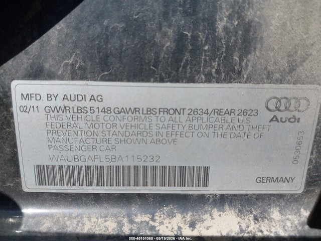 45151060 :رقم المزاد ، WAUBGAFL5BA115232 vin ، 2011 Audi S4 3.0 Premium Plus مزاد بيع