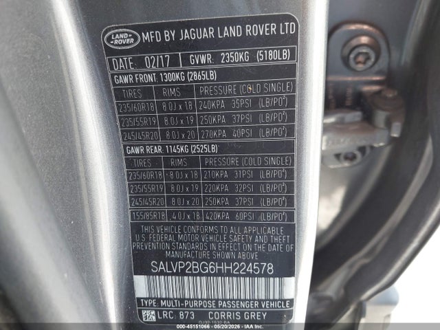 Продажа на аукционе авто 2017 Land Rover Range Rover Evoque Se/se Premium, vin: SALVP2BG6HH224578, номер лота: 45151066