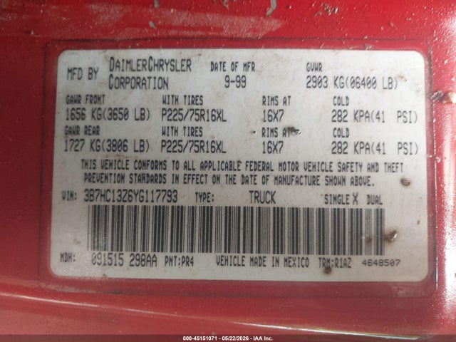 Aukcja sprzedaży 2000 Dodge Ram 1500 St, vin: 3B7HC13Z6YG117793, numer aukcji: 45151071