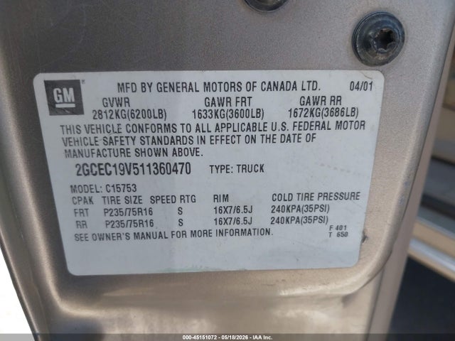 Продажа на аукционе авто 2001 Chevrolet Silverado 1500 Ls, vin: 2GCEC19V511360470, номер лота: 45151072