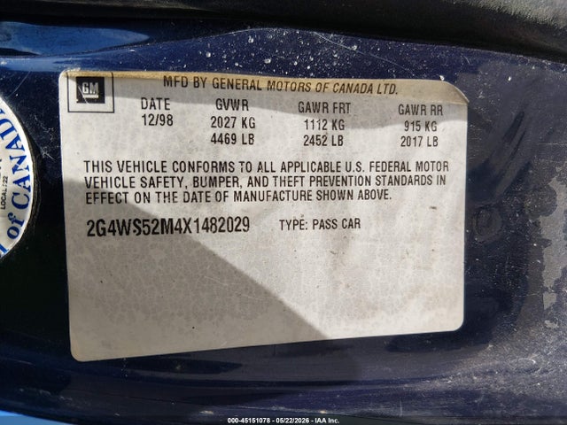 45151078 :رقم المزاد ، 2G4WS52M4X1482029 vin ، 1999 Buick Century Custom مزاد بيع