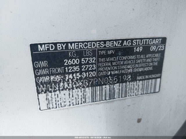 Aukcja sprzedaży 2023 Mercedes-benz Eqb 300 Suv 4matic, vin: W1N9M0KB7PN065198, numer aukcji: 45151079