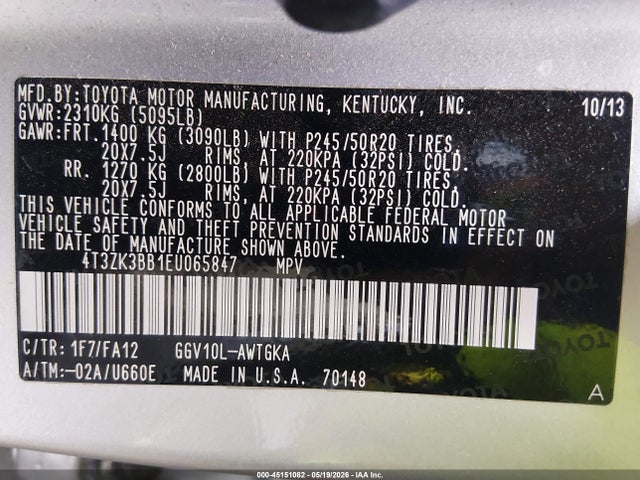 2014 Toyota Venza Xle V6 მანქანა იყიდება აუქციონზე, vin: 4T3ZK3BB1EU065847, აუქციონის ნომერი: 45151082