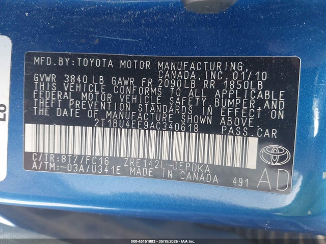 Продажа на аукционе авто 2010 Toyota Corolla Le, vin: 2T1BU4EE9AC340618, номер лота: 45151083
