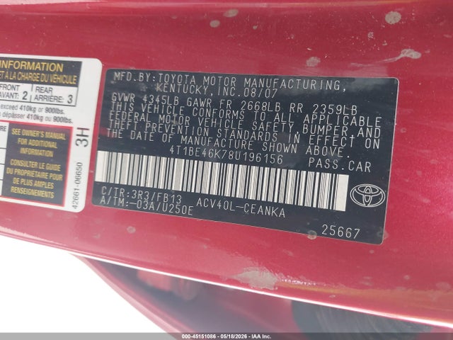 Aukcja sprzedaży 2008 Toyota Camry Le, vin: 4T1BE46K78U196156, numer aukcji: 45151086
