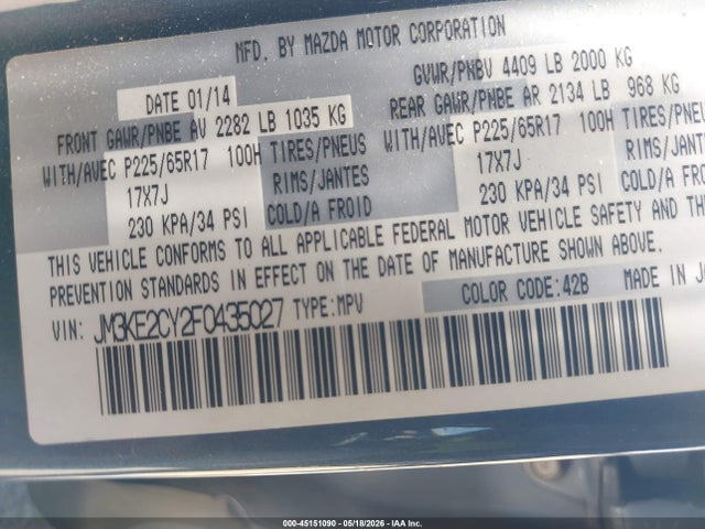 Продаж на аукціоні авто 2015 Mazda Cx-5 Touring, vin: JM3KE2CY2F0435027, номер лоту: 45151090