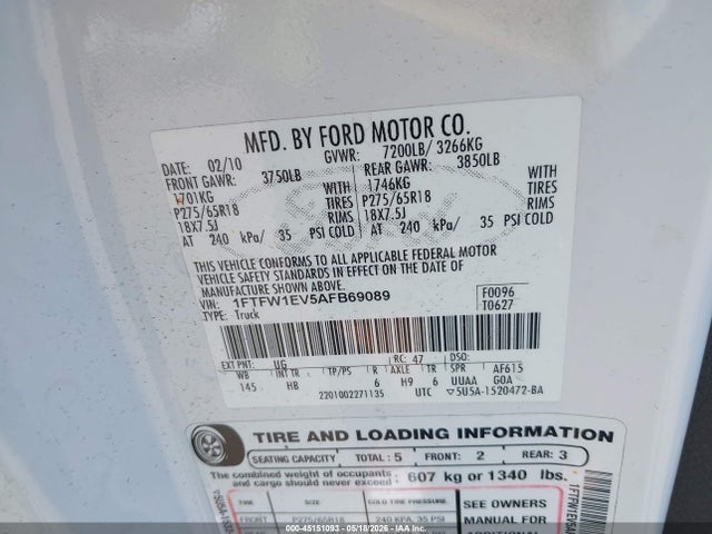 45151093 :رقم المزاد ، 1FTFW1EV5AFB69089 vin ، 2010 Ford F-150 Fx4/harley-davidson/king Ranch/lariat/platinum/xl/xlt مزاد بيع