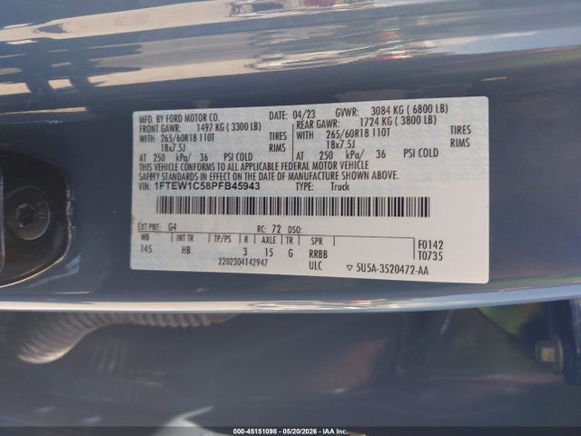 Aukcja sprzedaży 2023 Ford F-150 Lariat, vin: 1FTEW1C58PFB45943, numer aukcji: 45151098