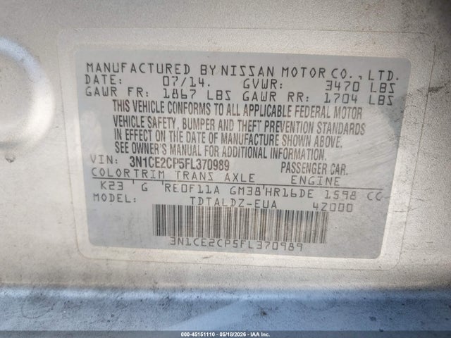 3N1CE2CP5FL370989 Nissan VERSA NOTE