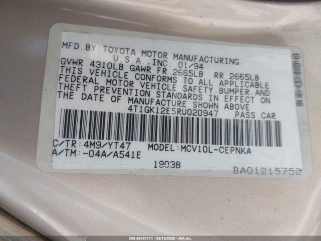 1994 Toyota Camry Le მანქანა იყიდება აუქციონზე, vin: 4T1GK12E5RU020947, აუქციონის ნომერი: 45151111