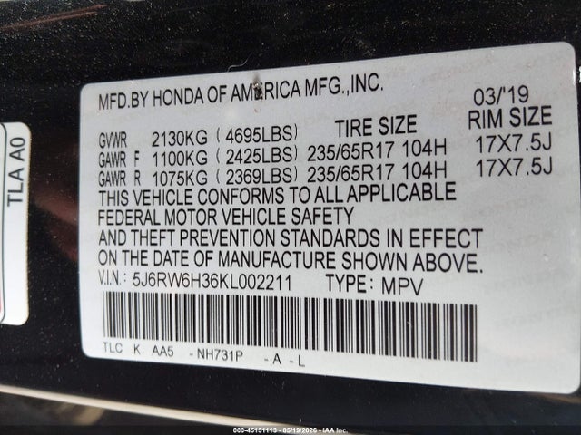 5J6RW6H36KL002211 Honda CR-V LX