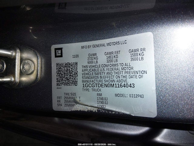 Auction sale of the 2021 Chevrolet Colorado 4wd  Short Box Z71, vin: 1GCGTDEN0M1164043, lot number: 45151115