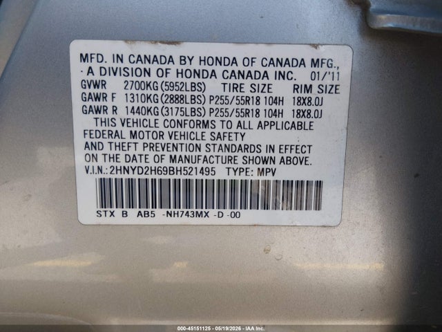 Aukcja sprzedaży 2011 Acura Mdx Technology Package, vin: 2HNYD2H69BH521495, numer aukcji: 45151125