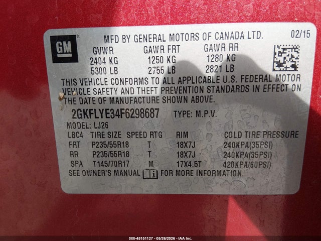 Auction sale of the 2015 Gmc Terrain Slt-2, vin: 2GKFLYE34F6298687, lot number: 45151127