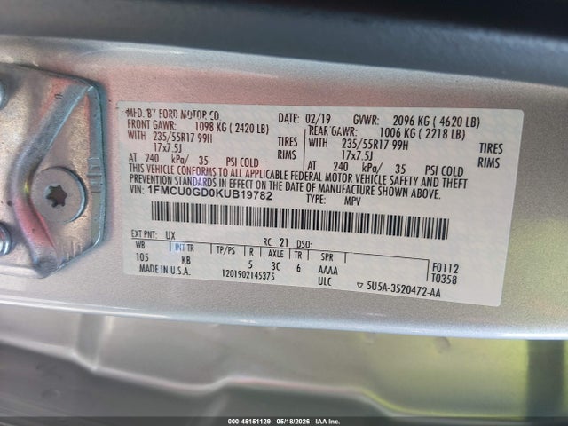 Aukcja sprzedaży 2019 Ford Escape Se, vin: 1FMCU0GD0KUB19782, numer aukcji: 45151129
