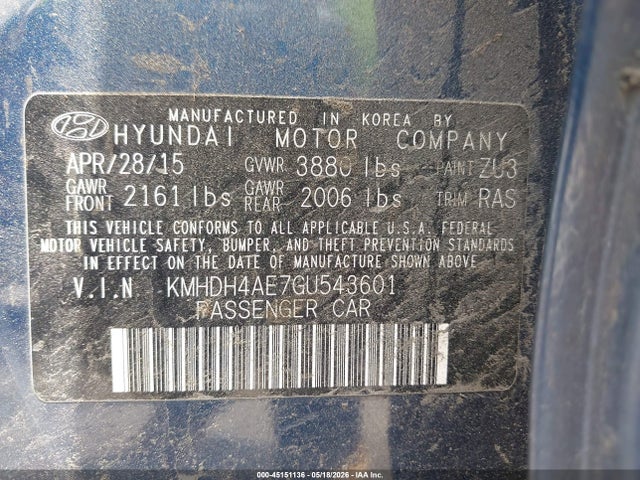 45151136 :رقم المزاد ، KMHDH4AE7GU543601 vin ، 2016 Hyundai Elantra Se مزاد بيع