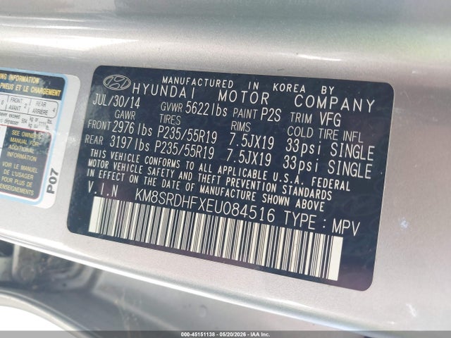 Продаж на аукціоні авто 2014 Hyundai Santa Fe Limited, vin: KM8SRDHFXEU084516, номер лоту: 45151138