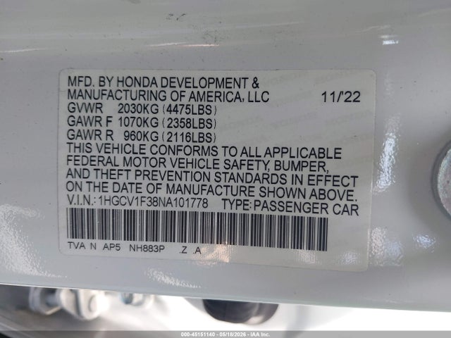2022 Honda Accord Sport მანქანა იყიდება აუქციონზე, vin: 1HGCV1F38NA101778, აუქციონის ნომერი: 45151140