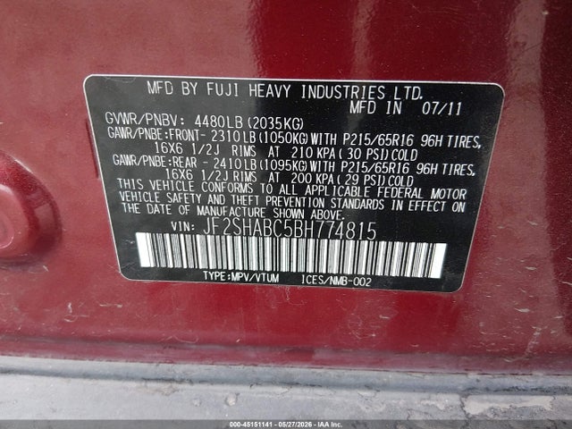2011 Subaru Forester 2.5x მანქანა იყიდება აუქციონზე, vin: JF2SHABC5BH774815, აუქციონის ნომერი: 45151141