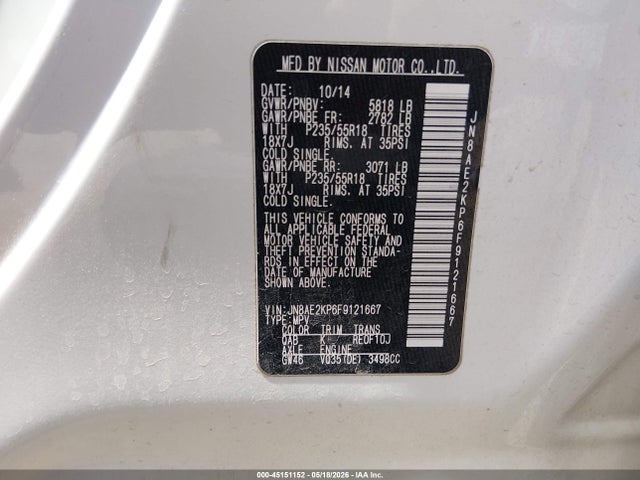2015 Nissan Quest Platinum მანქანა იყიდება აუქციონზე, vin: JN8AE2KP6F9121667, აუქციონის ნომერი: 45151152